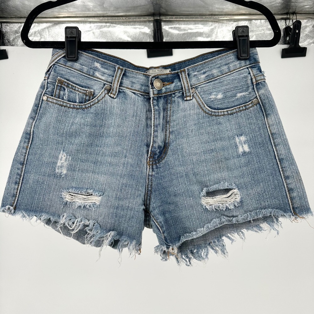 Free People Blue Denim Distressed Cut Off Raw Hem Denim Shorts Butt Holes 29 - Picture 3 of 7
